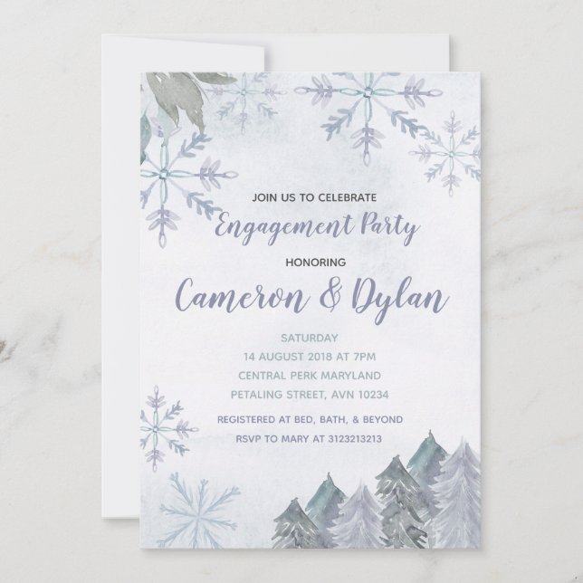 Winter Forest Snowflakes engagement invitation (Front)