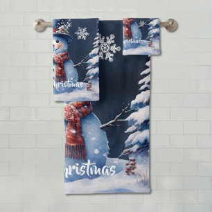 Winter Forest Snowman Christmas Bath Towel Set