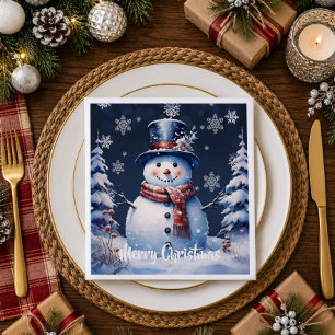 Winter Forest Snowman Christmas   Blue Napkin