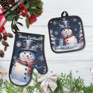 Winter Forest Snowman Christmas Blue Oven Mitt & Pot Holder Set