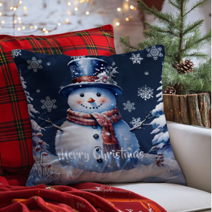 Winter Forest Snowman Christmas   Blue Throw Pillow