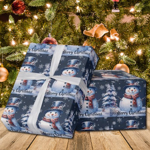 Winter Forest Snowman Christmas   Blue Wrapping Paper