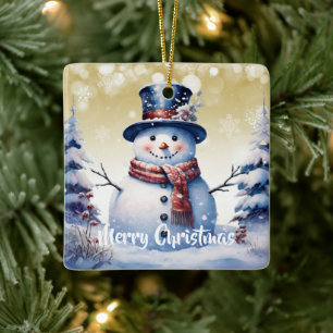 Winter Forest Snowman Christmas   Gold Ceramic Ornament