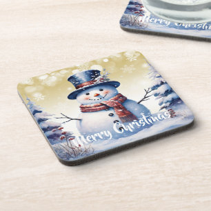 Winter Forest Snowman Christmas Gold Coaster