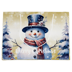 Winter Forest Snowman Christmas   Gold Large Gift Bag