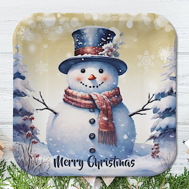 Winter Forest Snowman Christmas | Gold Paper Plate (Gold Winter Forest Snowman Christmas Paper Plates)