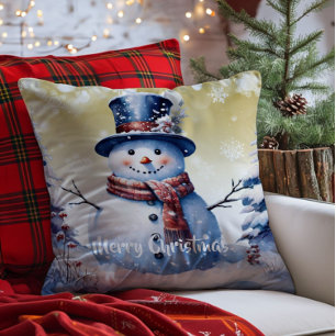 Winter Forest Snowman Christmas   Gold Throw Pillow