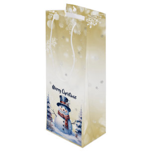 Winter Forest Snowman Christmas   Gold Wine Gift Bag