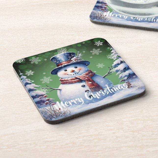 Winter Forest Snowman Christmas | Green Coaster (Left Side)