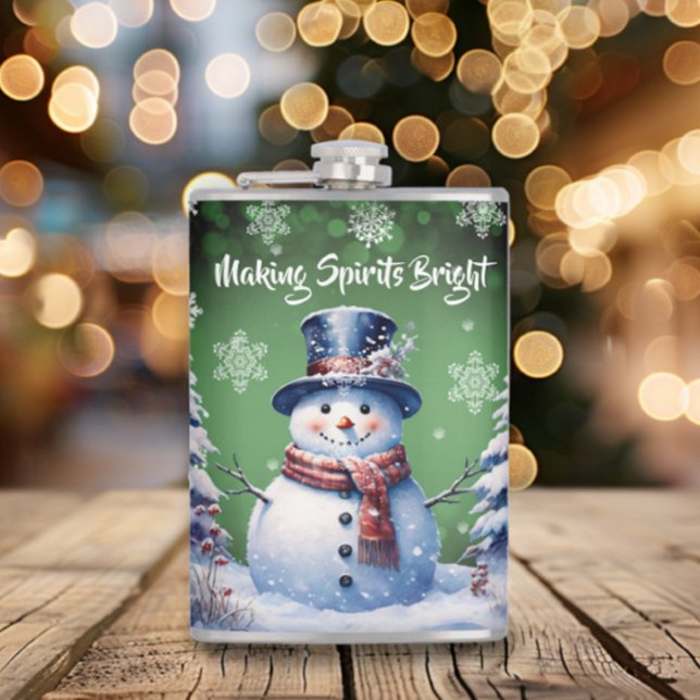 Winter Forest Snowman Christmas | Green Hip Flask (Green Winter Forest Snowman Christmas Flask)