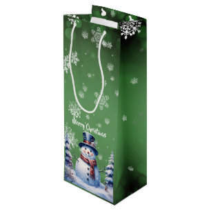 Winter Forest Snowman Christmas   Green Wine Gift Bag