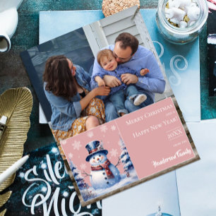 Winter Forest Snowman Christmas Photo   Pink Holiday Card