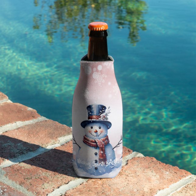Winter Forest Snowman Christmas | Pink Bottle Cooler (In Situ Pool)
