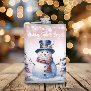 Winter Forest Snowman Christmas   Pink Hip Flask