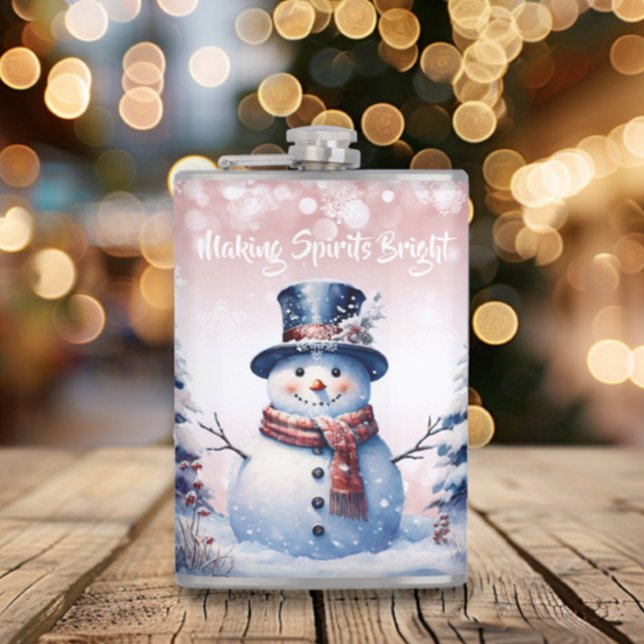 Winter Forest Snowman Christmas | Pink Hip Flask (Pink Winter Forest Snowman Christmas Flask)