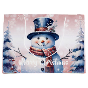 Winter Forest Snowman Christmas Pink Large Gift Bag