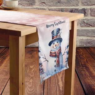Winter Forest Snowman Christmas Pink Medium Table Runner