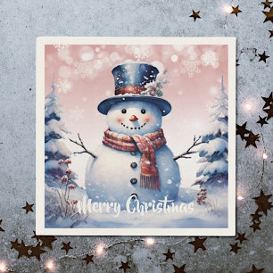 Winter Forest Snowman Christmas Pink Napkin