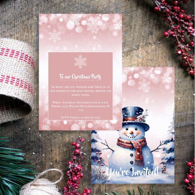 Winter Forest Snowman Christmas  | Pink Party Invitation (Pink Winter Forest Snowman Christmas Party Invitation)