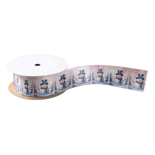 Winter Forest Snowman Christmas   Pink Satin Ribbon