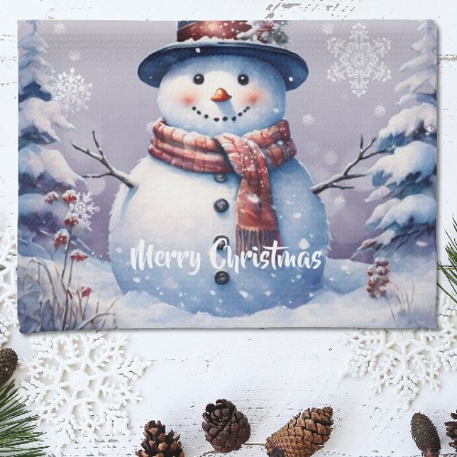 Winter Forest  Snowman Christmas | Purple Kitchen Towel (Purple Winter Forest Snowman Christmas Kitchen Towel)