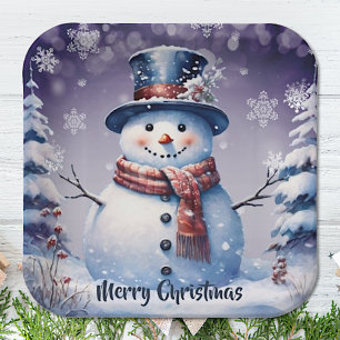 Winter Forest Snowman Christmas Purple Paper Plate