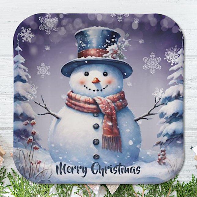 Winter Forest Snowman Christmas | Purple Paper Plate (Purple Winter Forest Snowman Christmas Paper Plates)