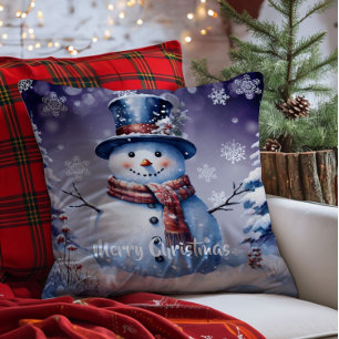 Winter Forest Snowman Christmas   Purple Throw Pillow