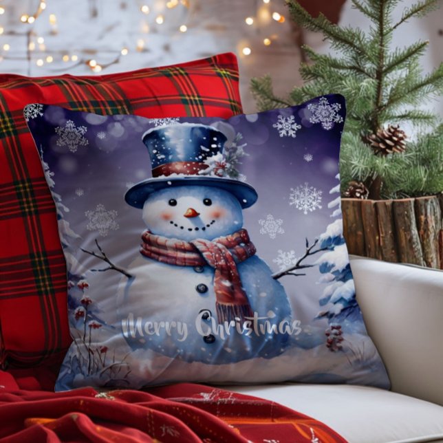 Winter Forest Snowman Christmas | Purple Throw Pillow (Purple Winter Forest Snowman Christmas Throw Pillow)