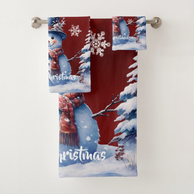 Winter Forest Snowman Christmas | Red Bath Towel Set (Insitu)