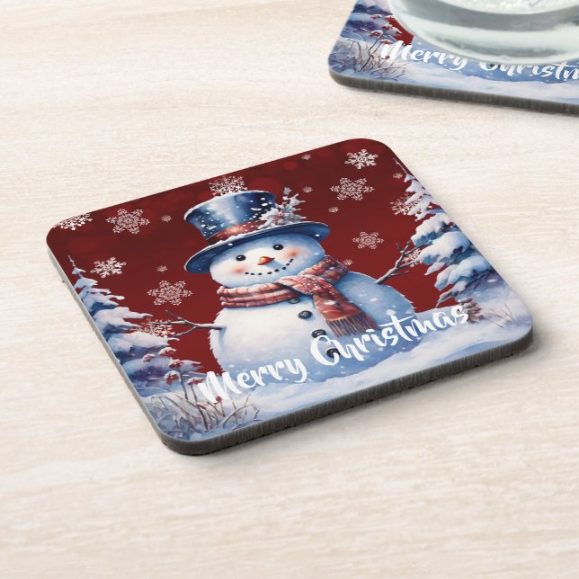 Winter Forest Snowman Christmas | Red Coaster (Left Side)