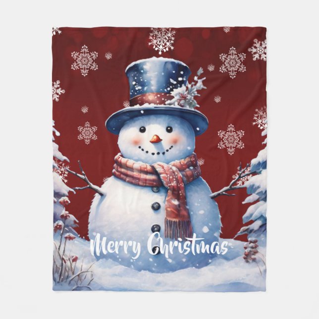 Winter Forest Snowman Christmas | Red Fleece Blanket (Front)