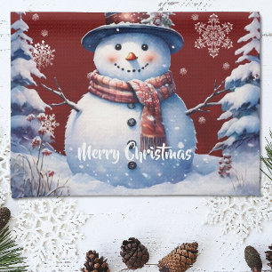 Winter Forest  Snowman Christmas   Red Kitchen Towel