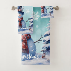 Winter Forest Snowman Christmas   Teal Bath Towel Set