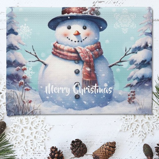 Winter Forest  Snowman Christmas | Teal Kitchen Towel (Teal Winter Forest Snowman Christmas Kitchen Towel)