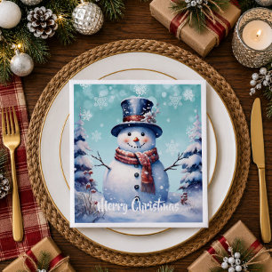 Winter Forest Snowman Christmas Teal Napkin