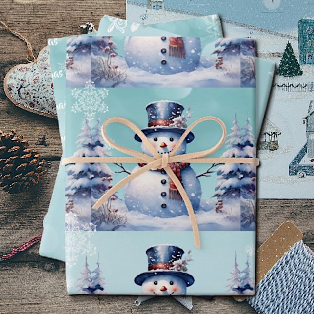 Winter Forest Snowman Christmas | Teal Wrapping Paper Sheet (Creator Uploaded)