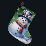 Winter Forest Snowman | Green Large Christmas Stocking<br><div class="desc">Add a festive touch to your fireplace mantle this holiday season with a Green Winter Forest Snowman Christmas Stocking. Stocking design features a cute snowman in a charming top hat and scarf standing in a winter forest scene with falling snow with a space you can add your name for personalization....</div>