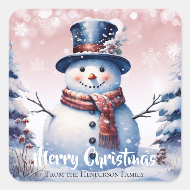 Winter Forest Snowman Merry Christmas | Pink Square Sticker (Front)