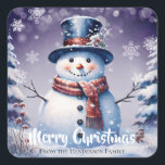 Winter Forest Snowman Merry Christmas | Purple Square Sticker<br><div class="desc">Seal the envelopes of your outgoing Christmas Cards this holiday season with a Purple Winter Forest Snowman Merry Christmas Holiday Sticker. Sticker design features a cute snowman in a top hat in scarf standing in a winter forest scene with falling snow. Additional gift and holiday items available with this design...</div>
