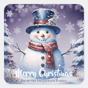 Winter Forest Snowman Merry Christmas   Purple Square Sticker