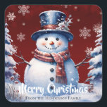 Winter Forest Snowman Merry Christmas | Red Square Sticker<br><div class="desc">Seal the envelopes of your outgoing Christmas Cards this holiday season with a Red Winter Forest Snowman Merry Christmas Holiday Sticker. Sticker design features a cute snowman in a top hat in scarf standing in a winter forest scene with falling snow. Additional gift and holiday items available with this design...</div>