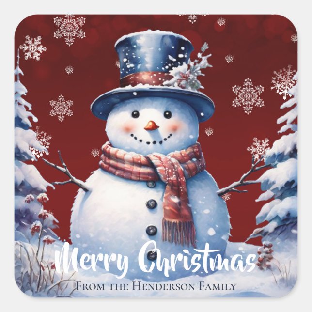 Winter Forest Snowman Merry Christmas | Red Square Sticker (Front)