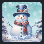 Winter Forest Snowman Merry Christmas | Teal Square Sticker<br><div class="desc">Seal the envelopes of your outgoing Christmas Cards this holiday season with a Teal Winter Forest Snowman Merry Christmas Holiday Sticker. Sticker design features a cute snowman in a top hat in scarf standing in a winter forest scene with falling snow. Additional gift and holiday items available with this design...</div>