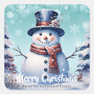 Winter Forest Snowman Merry Christmas Teal Square Sticker