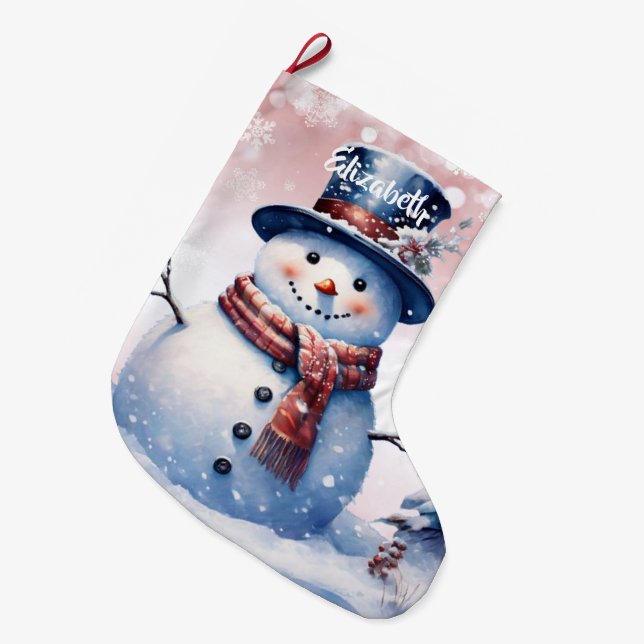 Winter Forest Snowman | Pink Large Christmas Stocking (Front (Hanging))