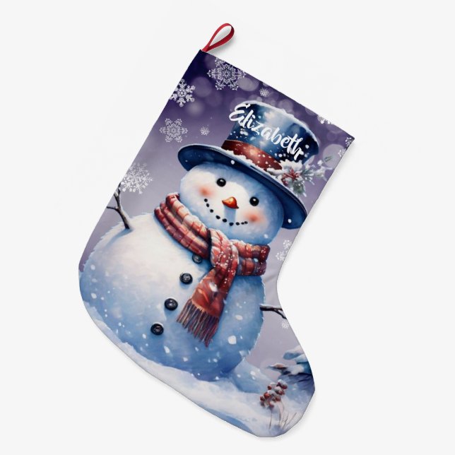 Winter Forest Snowman | Purple Large Christmas Stocking (Front (Hanging))