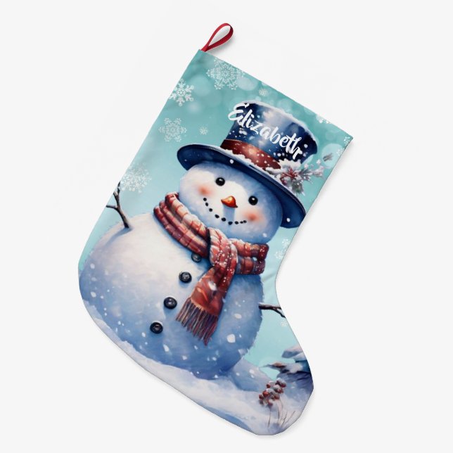 Winter Forest Snowman | Teal Large Christmas Stocking (Front (Hanging))