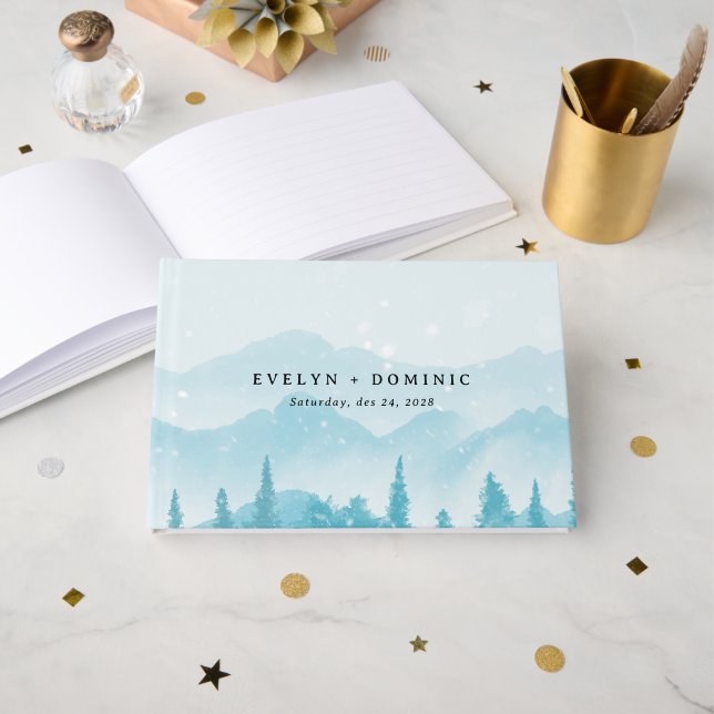 Winter Forest Snowy Mountain Wedding Guest Book (Front Open)