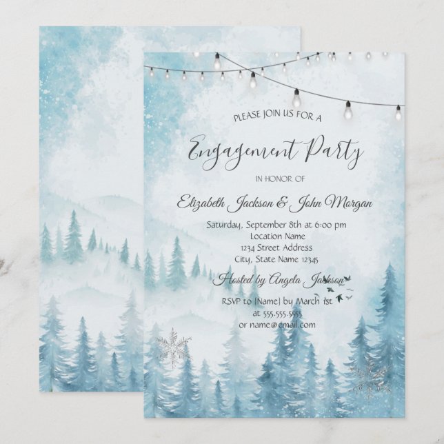Winter Forest, String Lights Engagement Invitation (Front/Back)